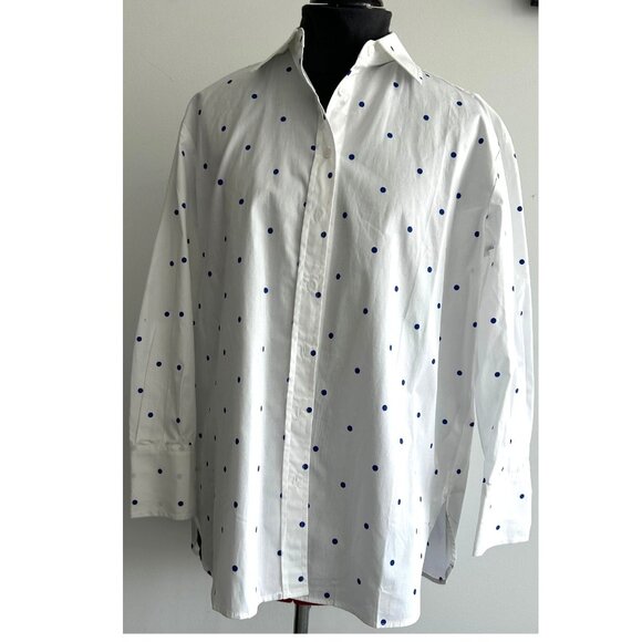 Isaac Mizrahi Polkadot White and Blue Shirt Sz M - Picture 1 of 8